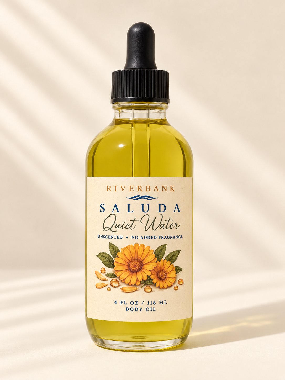 SALUDA Quiet Water body oil in clear glass with black dropper
