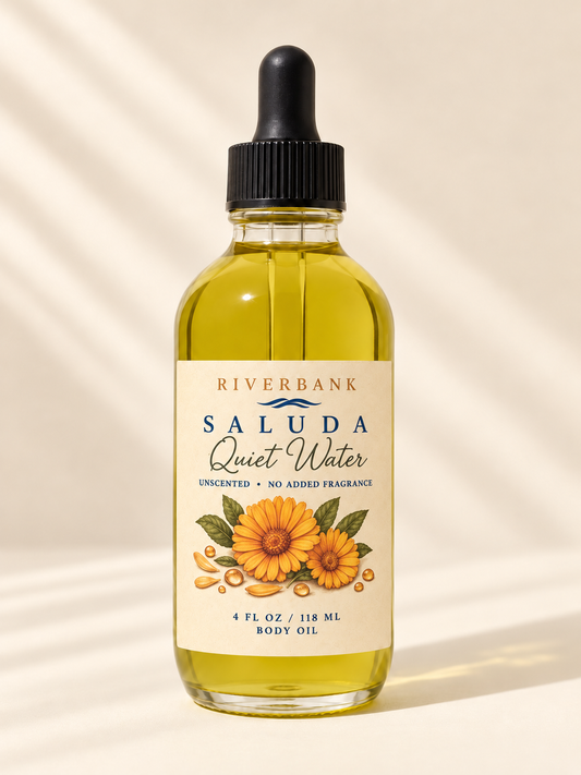 SALUDA Quiet Water body oil in clear glass with black dropper