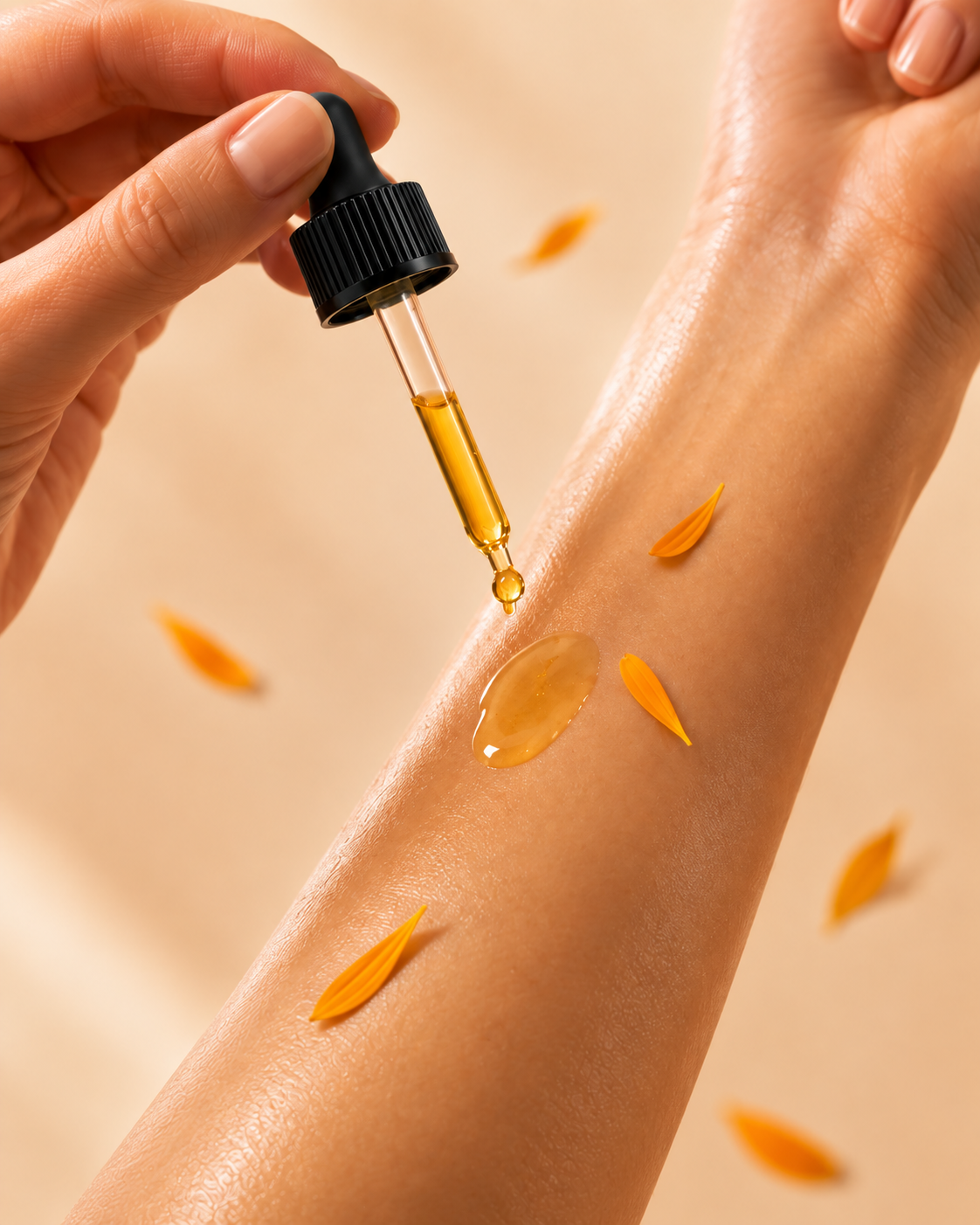 A drop of RIVERBANK body oil applied to the forearm, with calendula petals