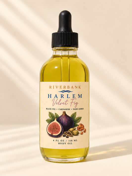HARLEM Velvet Fig body oil in clear glass with black dropper